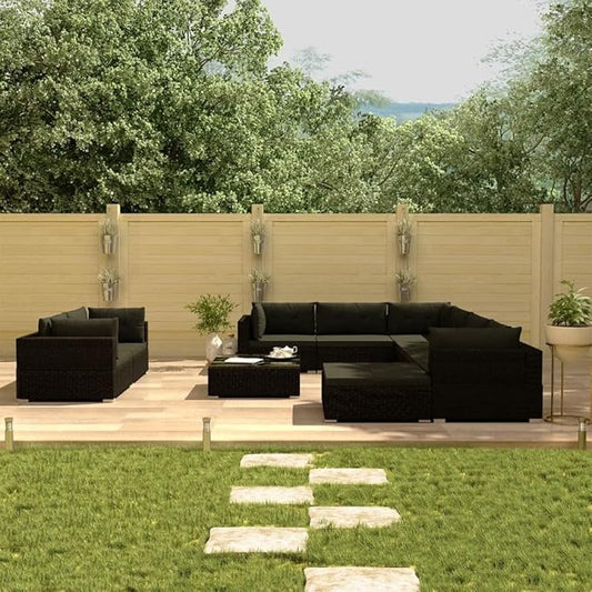 10 Piece Patio Lounge Set with Cushions, Outdoor Dining Sets Patio Conversation Set Outdoor Sofa Sets Sectional Sofa for Piazza Garden Exhibition Poolside Poly Rattan Black