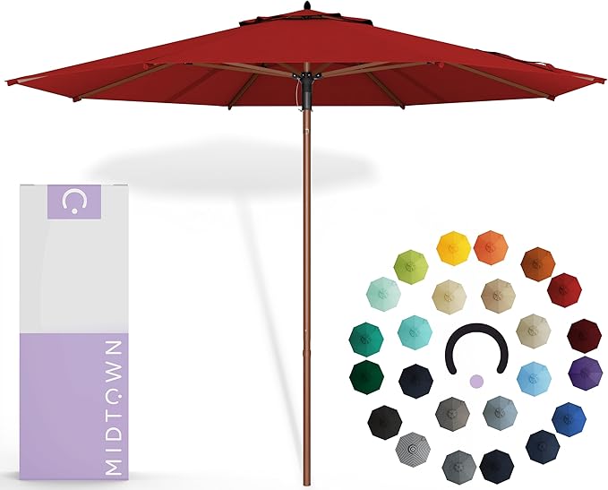 Midtown Umbrellas The Wooden 9 Feet Patio Umbrella With Sunbrella Red Acrylic Fabric - Aluminum Frame Market Umbrella For Backyard, Deck, Garden, Pool - Wooden Pole