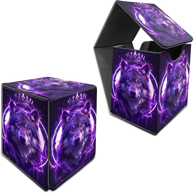 Cool Wolf Purple Card Deck Box for MTG, Personalized Card Storage Case Fits 120+ Sleeved Cards, Premium Leather TCG Box with Strong Magnetic Closure for Magic, CCG, PTCG, Baseball Cards