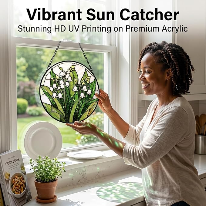 Birthday Gifts for Women - Lily of the Valley Faux Stained Glass Window Hanging Sun Catcher for Door Garden Acrylic Decor Mother's Day Christmas May for Mom Nana Grandma Sisters 9.8"