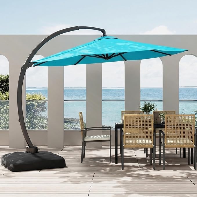 11FT Cantilever Patio Umbrella with Base Included, Large Cantilever umbrella with 360°Rotation, Heavy-Duty Offset Outdoor Umbrella for Patio,Pool,Garden and Backyard (Turquoise)