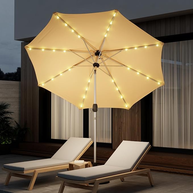 9FT Aluminum Patio Umbrella with 40-LED Solar Lighted, Fade-Resistant Outdoor Market Table Umbrella with Push Button Tilt Function, 8 Sturdy All-Aluminum Ribs for Gardens, Decks, Backyards & Pools