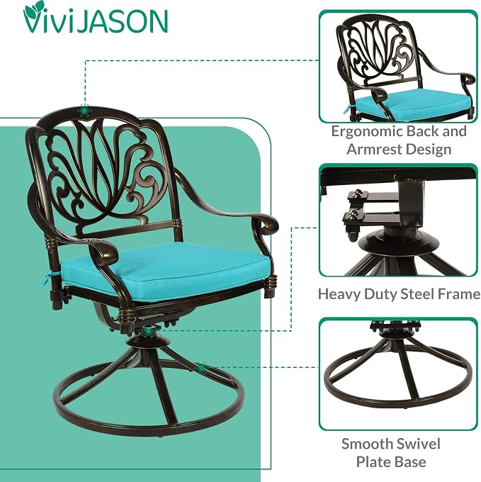 VIVIJASON 9-Piece Outdoor Dining Set, Cast Aluminum Retro Patio Furniture Table and Chairs Set for 8, Include 94.5" Rectangular Table and 8 Swivel Rocker Chairs with Umbrella Hole, Ocean Blue Cushion
