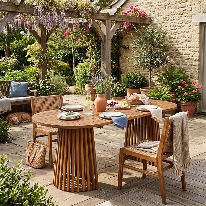 Christopher Knight Home 83" Oval Dining Table with Racetrack Top, Outdoor Acacia Wood Dining Table for 6-8, Large Garden Dining Furniture, Slatted Pedestal Outdoor Furniture, Brown