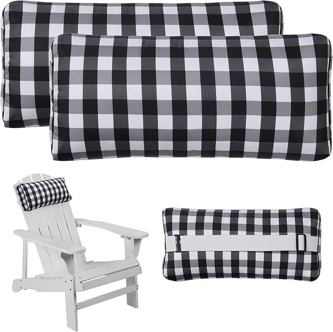 Outdoor Pillow for Chaise Lounge Chair, Plaid Oudoor Patio Pillow with Insert Adjustable Elastic Strap for Recliner Beach Pool Patio Chairs, 2 Pcs Black and White