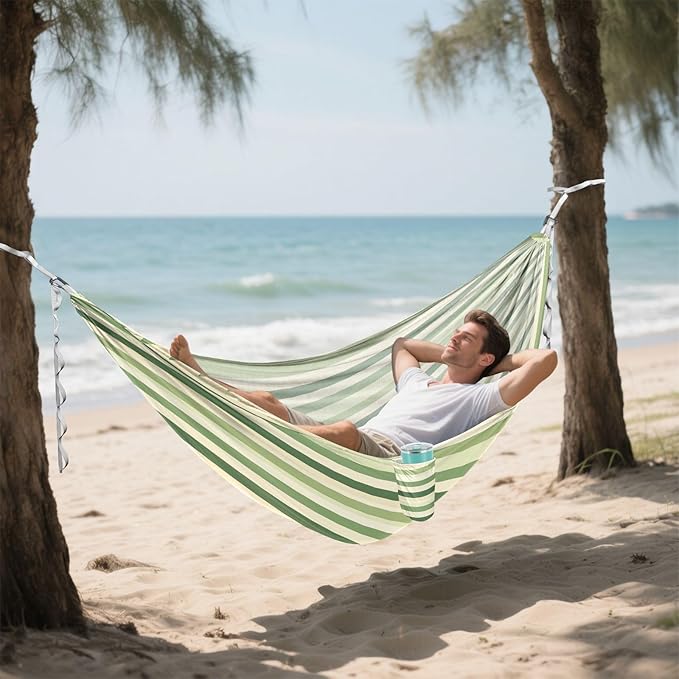 Camping Hammock Outdoor Hammocks for Outside Green Cream Stripe Beach Trees Portable Lightweight with Pockets Tree Straps Indoor