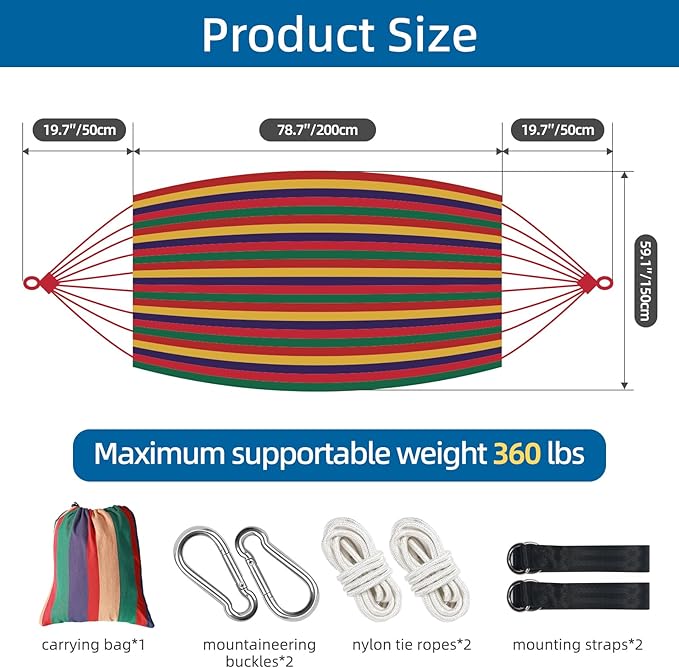 Posprica Brazilian Style Double Hammock with Fringe, 2 Person Patio Hammock for Backyard & Indoor Relaxation, Soft Breathable Fabric, Easy Setup with Straps & Carry Bag, 360 lbs Capacity