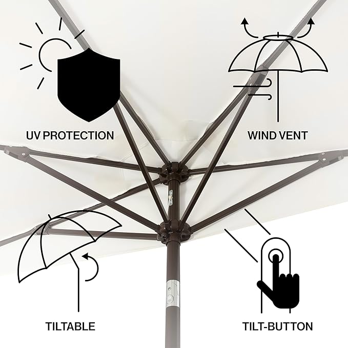 JONATHAN Y Beverly 9 ft. Coastal Cream and White Striped Half Patio Umbrella with Scalloped Fringe, Crank Lift, and Manual Tilt for Balcony, Dark Brown Pole UMB1201D