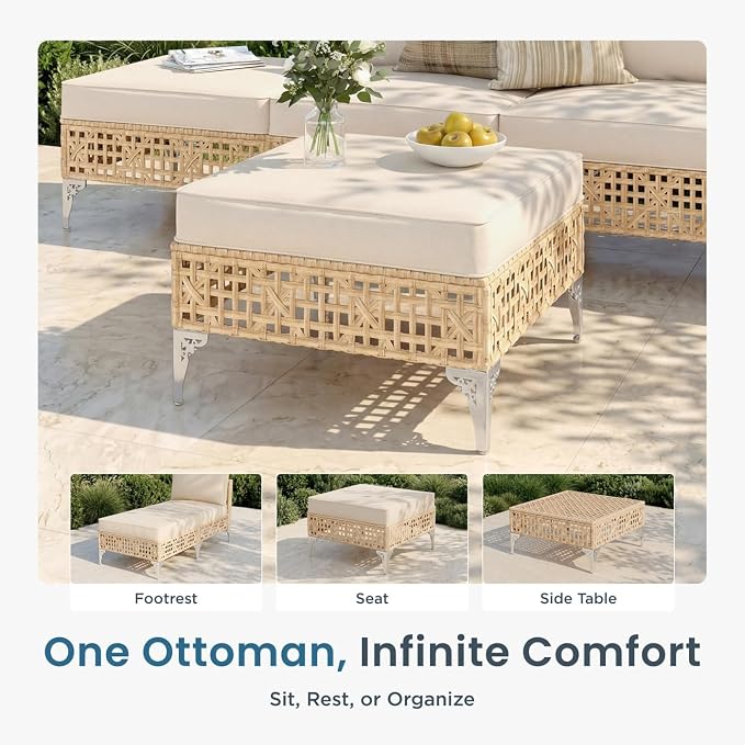 PHI VILLA Wicker Patio Furniture Set, Rattan Patio Sectional Sofa Sets, Boho Outdoor Modular Couch Sets with Ottomans for Backyard, Porch(7 Pieces, Beige Cushion)