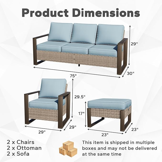 Joyside Outdoor Patio Chairs, 5 Pieces Wicker Rattan Furniture Set, 2 Patio Chairs, 2 Sofa and 2 Ottoman, Metal Wide Armrest, Thick Cushions and Deep Seating for Garden, Backyard, Porch, Deck