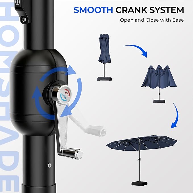 HOMSHADE Double Sided Patio Umbrellas with Base - 15ft RGB Multi-Color Flowing LED Lights Outdoor Extra Large Market Table Umbrella w/Stand, Oversized Umbrella for Deck, Pool, Backyard,Navy
