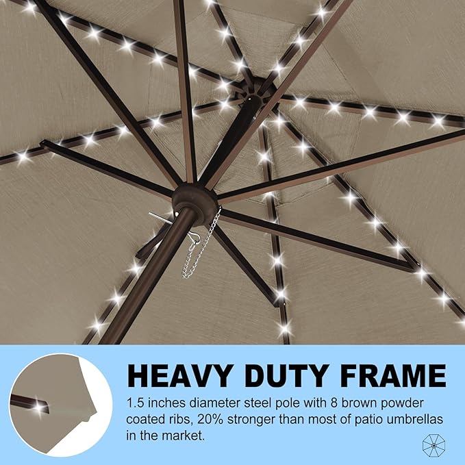 Eurmax USA 10-Year-Non-Fading 10FT 3-Tier Outdoor Patio Market Umbrella with LED Lights,UPF50+ UV Resistant,Commercial Grade,Crank Lift Design,Windproof Vented Top for Garden,Pool,Deck,Taupe