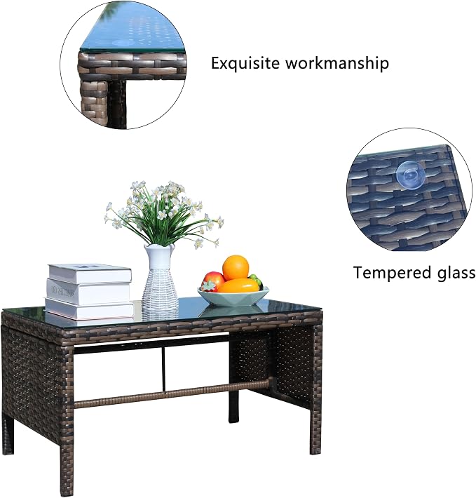 30.75" Outdoor Patio Side Table – Low Rectangle Coffee Table with Tempered Glass Top, Outdoor Wicker End Table for Backyard Deck Patio, 180 lbs Capacity, Brown