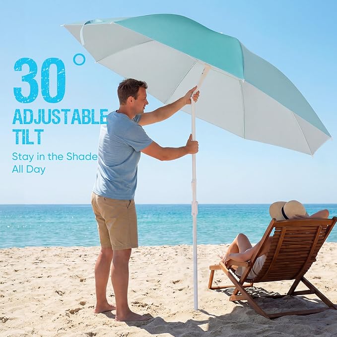 Old Bahama Bay 8ft Beach Umbrella with Screw Sand Anchor & Tilt Mechanism, UPF 50+ UV Protection, Windproof Heavy Duty Portable Sun Shelter with Carry Bag for Patio, Garden, Pool & Backyard, Teal/Blue