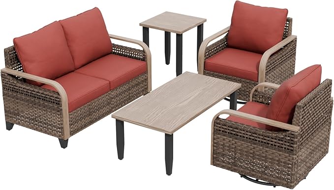 Modern Wicker Patio Furniture Set, Rattan Outdoor Conversation Set with Comfortable Cushions, 2 Swivel Rocing Chairs, 2 SeatLoveseat, Coffee Table and Side Table, 5 Pieces, Brown/Red