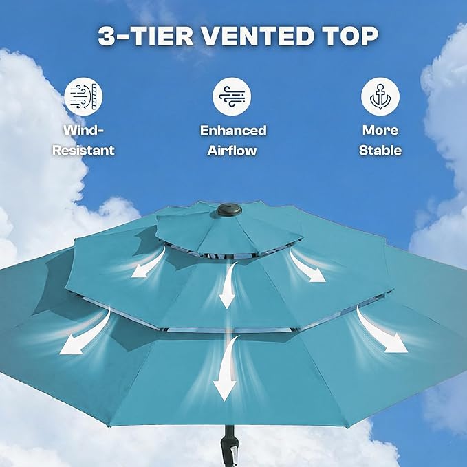 10ft 3-Tier Patio Umbrella with 32 Solar Powered LED Lights, Windproof Outdoor Market Umbrella for Deck, Poolside & Garden, Sturdy Push-Button Tilt Table Umbrella, Sky Blue