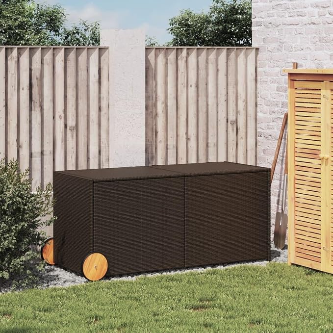 Outdoor Garden Storage Box with Wheels, Wicker Patio Deck Box, Outdoor Rattan Storage Container, Brown 74.8 Gal Poly Rattan
