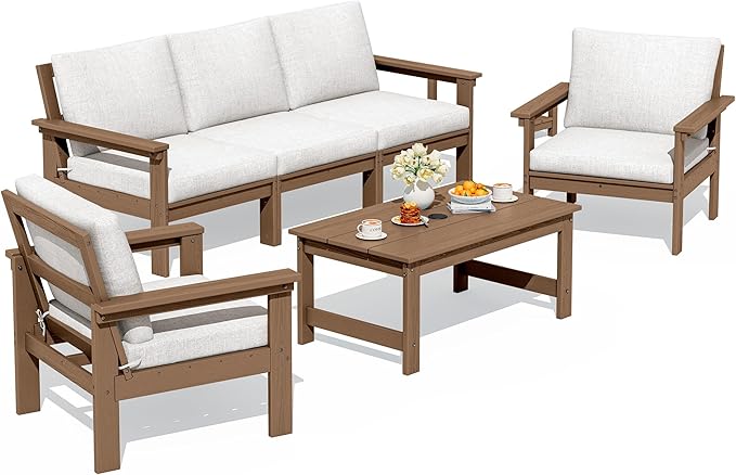 SERWALL HDPE Patio Conversation Set, 6-piece Sectional Outdoor Furniture Set, All Weather Outdoor Couch Set Patio Furniture Set for Deck, Lawn, Grey Frame with Khaki Cushion