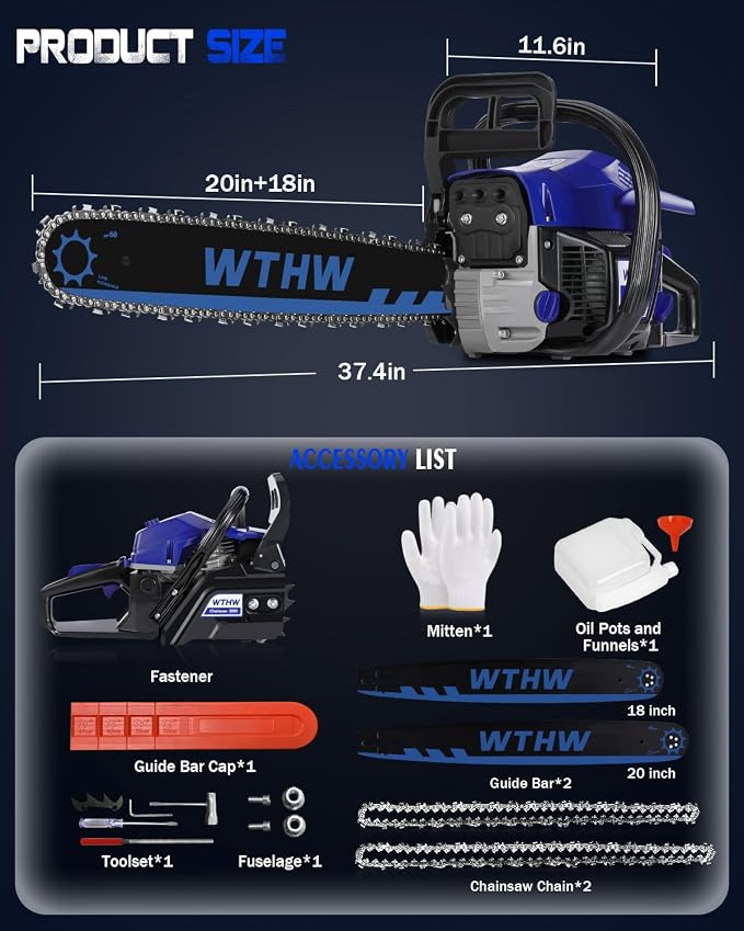 58 cc Gas Powered Chainsaw, 20 in & 18 in Quick-Switch Bars – 550 ml Fuel 260 ml Oil Tanks, Automatic Chain Oiler, Centrifugal Air Filter, Quick Start, Inertial Chain Brake (Black)