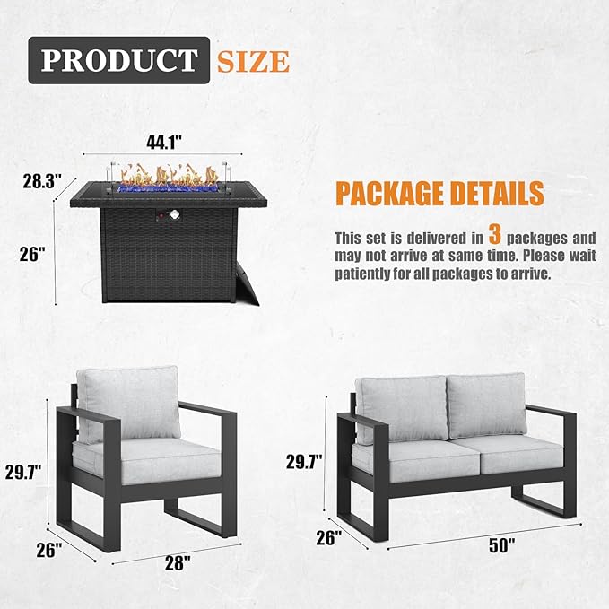 Outdoor Aluminum Furniture Set with Fire Pit Table - 4 Pieces Modern Patio Conversation Sets Metal Sectional Sofa Set
