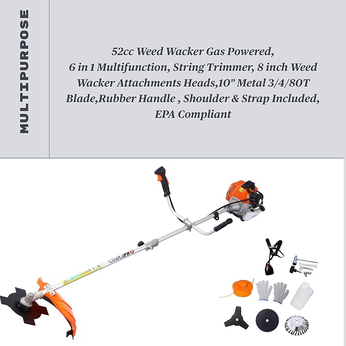52cc 2-Cycle Gas Multi-Trimmer | 6-in-1 String Trimmer w/Rotatable Pole Saw, Weed Eater Weed Wacker, Brush Cutter & Hedge Trimmer Gas for Lawn, Yard, Garden Care, All-in-one Garden Tool