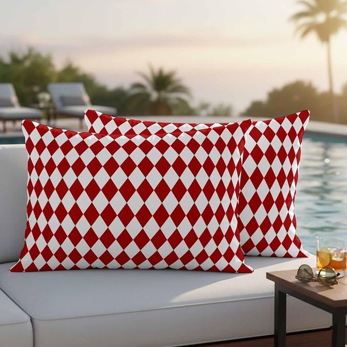 Modern Red White Diamonds Plaid Outdoor Pillow Covers Set of 2,Decorative Waterproof Throw Pillow Case,Minimalist Geometric Style Cotton Linen Soft Cozy Cushion Pillowcases
