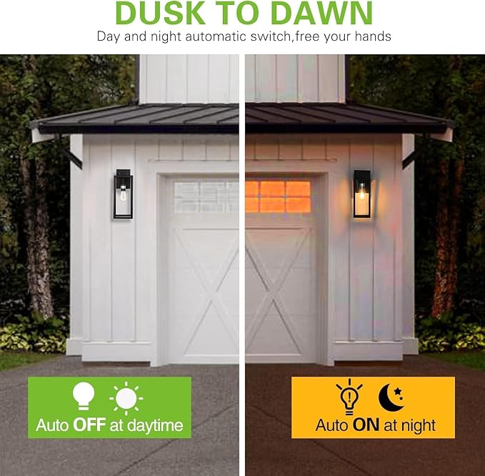 hykolity Large Outdoor Wall Lights, 16 Inch Dusk to Dawn Outdoor Lighting | Waterproof Exterior Lighting Fixtures, Anti-Rust Lantern Lamp with Glass Shade, Black Outdoor Lights for House Porch, 2 Pack