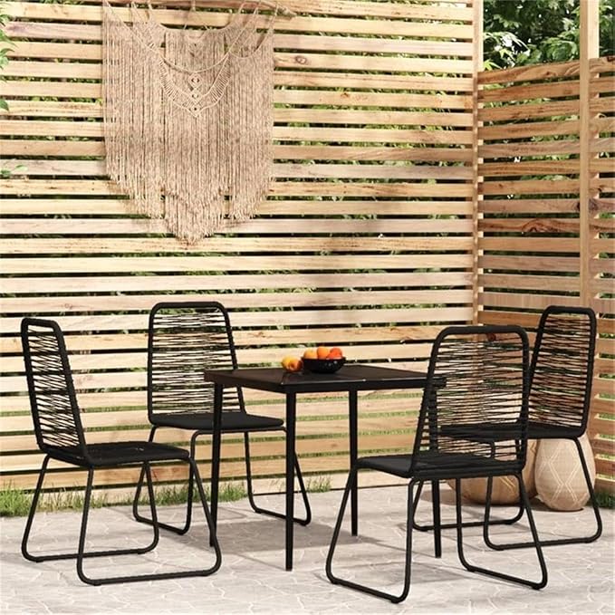BOWERY HILL Contemporary 5-Piece Garden Dining Set, Powder-Coated Steel and PE Rattan, Black Finish, Tempered Glass Table, Weather-Resistant, Modern Patio Furniture for Outdoor Balcony or Terrace