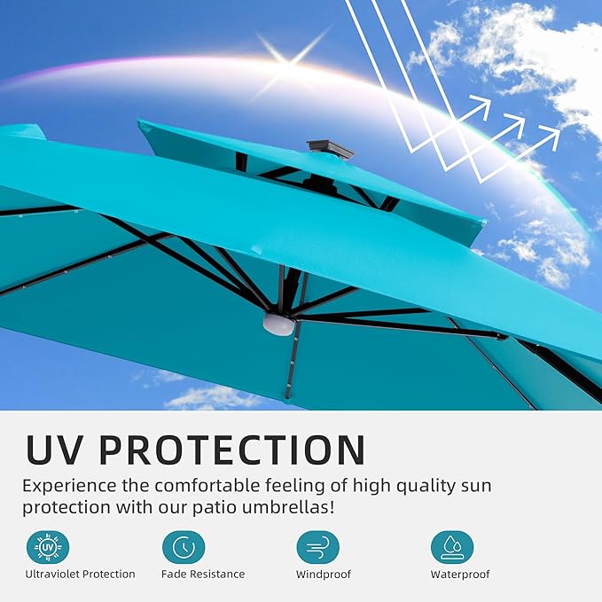 JZAC & QZYD 9x9 FT Outdoor Cantilever Patio Umbrella with Base Included and Solar LED Lights, Large Heavy Duty 2-Tier Square Aluminum Offset Umbrellas with 360-Degree Rotation for Pool Deck, Turquoise