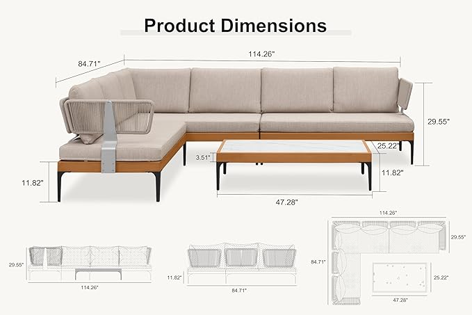PURPLE LEAF Patio Furniture Set Outdoor Sectional Sofa with Coffee Table Cushions and Pillows Wicker L-Shaped 7 Pieces Aluminum Conversation Sets for Balcony Yard Garden Poolside, Oatmeal Greige