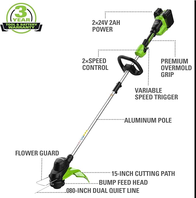 Greenworks 48V (2 x 24V) 15” TORQDRIVE String Trimmer, 0.080" Trimmer Line, (2) 2Ah USB Batteries and Dual Port Charger
