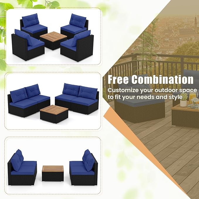 5 Pieces Patio Furniture Set, Outdoor Sectional Sofa with Acacia Wood Coffee Table & Cushions, Wicker Patio Conversation Set for Porch, Deck, Balcony, Poolside & Backyard (Navy Blue)
