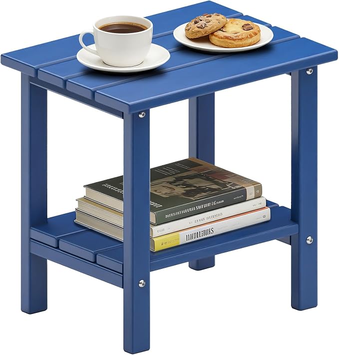 OTSUN Double Layer Outdoor Side Tables, HDPE Weather Resistant Square Bedroom Living Room Small Table Nightstands Suitable for Sofa Couch Dining Pool & Patio (Dark Blue)