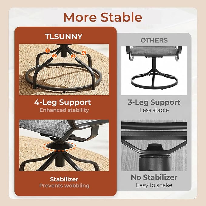 TLSUNNY 3 Piece Patio Dining Set for 2, Outdoor Table and Chairs W/1.57"-1.8" Adjustable Umbrella Hole & Foot Pads, 27.6" Round Metal Table and Patio 360° Swivel Chair, Rocking not Included (Grey)