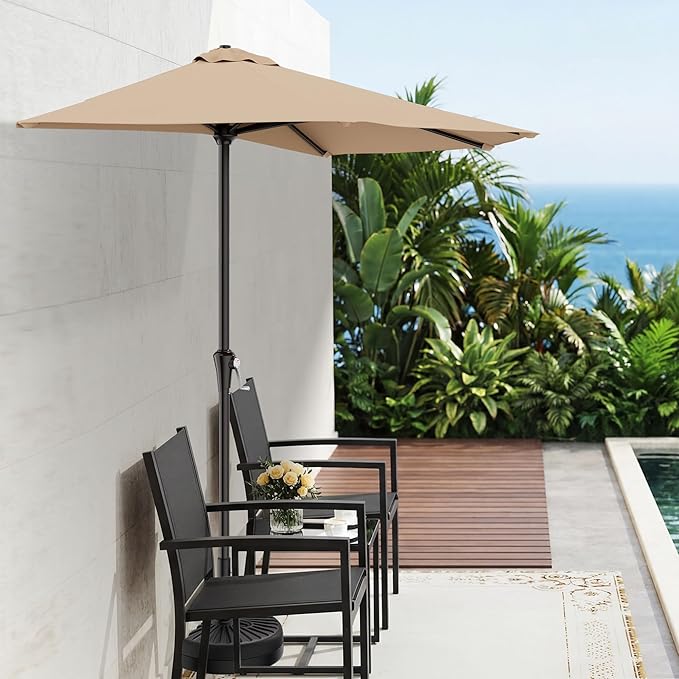 AreShark 9FT Half Patio Umbrella, Outdoor Wall Umbrella with Crank & 5 Sturdy Ribs, Table 1/2 Umbrella Patio for Garden, Deck, Balcony and Pool, Beige