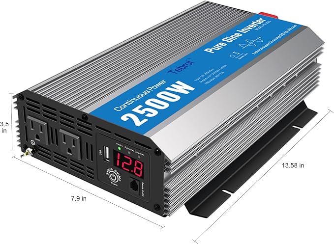 2500W Pure Sine Wave Inverter 12V DC to 120V AC Converter for Home, RV, Truck, Off-Grid Solar Power Inverter with Built-in 5V/2.1A USB, AC Hardwire Port, Remote Controller