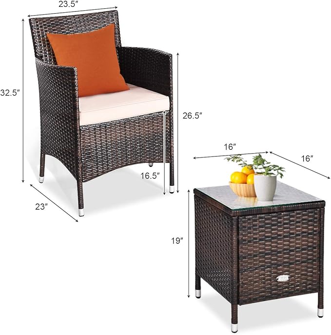 DORTALA 3 Piece PE Rattan Patio Furniture Set, Outdoor Chairs & Table Set with Tempered Glass Top & Cushions, Wicker Conversation Set for Garden Backyard, Beige