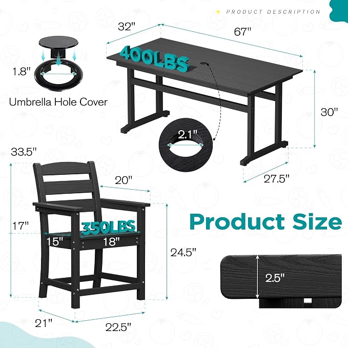 nalone 5-Piece Patio Dining Table Set, HDPE Outdoor Dining Sets with Table and 4 Chairs, Dining Furniture Set with Umbrella Hole (Black, 5 Pcs)