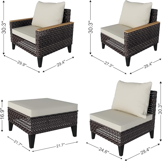 7 Pieces Patio Furniture Set, Outdoor Conversation Sets with Footstool, Wicker Rattan Sofa Couches Chairs Ottomans for Porch, Poolside, Deck, Balcony, Backyard, Yard, Garden (Beige Cushions)