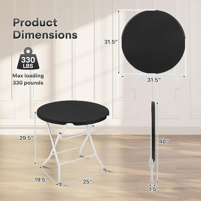 Athena Collection 2.6ft Folding Table, Portable Plastic Round Table Collapsible Card Craft Table with Steel Legs for Indoor Outdoor, Foldable Utility Dining Table for Commercial Camping Party, Black