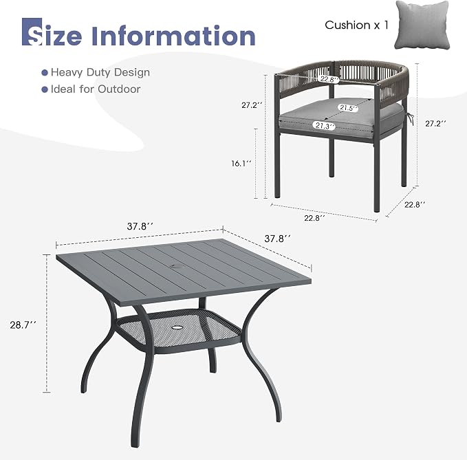 VICLLAX Patio Dining Set, 37.8" Dark Grey Table & 4 Chairs with Grey Cushion