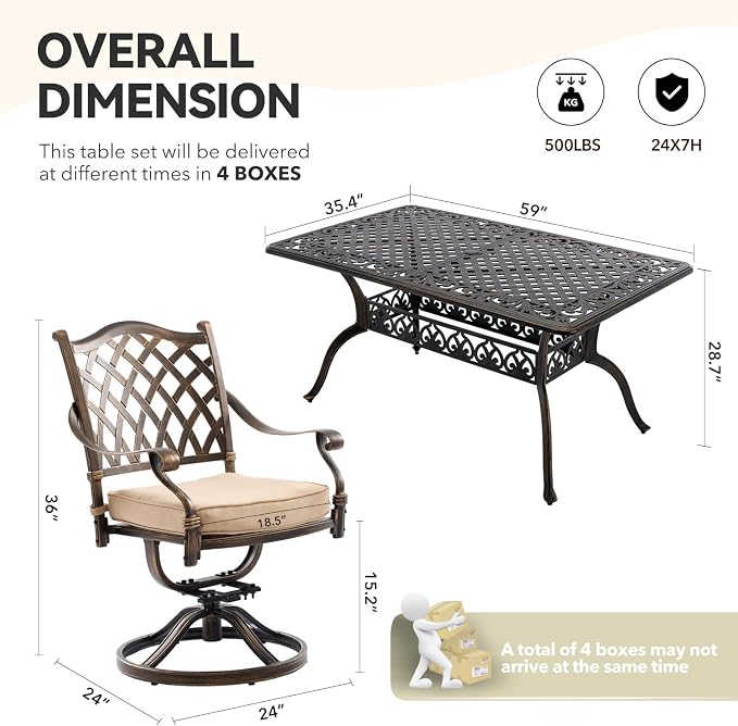 7 Piece Outdoor Dining Set Cast Aluminum Furniture Set，Retro Patio Dining Set for 6 Includes 59” Table and 6 Swivel Chairs with Cushions and 2" Umbrella Hole for Patio Deck Garden Poolside