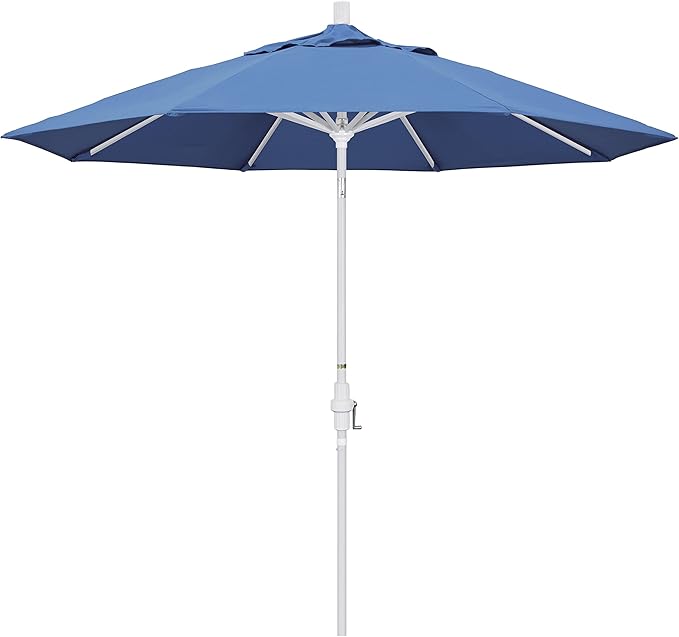 California Umbrella 9' Round Aluminum Market Umbrella, Crank Lift, Collar Tilt, White Pole, Pacifica Pacific Blue