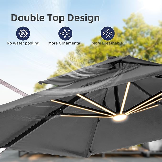 9x12 FT Patio Umbrella with LED Lights Cantilever Outdoor Large Heavy Duty Rectangle Aluminum Offset Umbrellas Double Top 360 Rotation 7 Tilt Adjustment for Pool Deck Garden, Grey