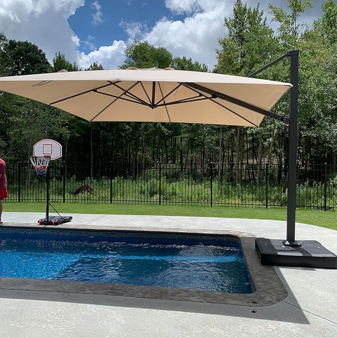 PURPLE LEAF 11 FT Square Patio Cantilever Umbrella with Base Included Large Outdoor Offset Umbrella with 360-degree Rotation for Garden Deck Backyard Pool Beige