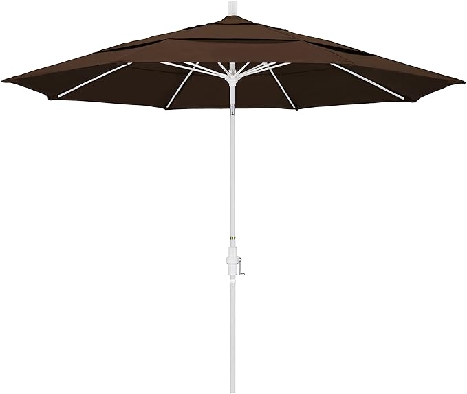 California Umbrella 11' Rd. Fiberglass Rib Patio Umbrella, Crank Lift, Collar Tilt, White Pole, Mocha