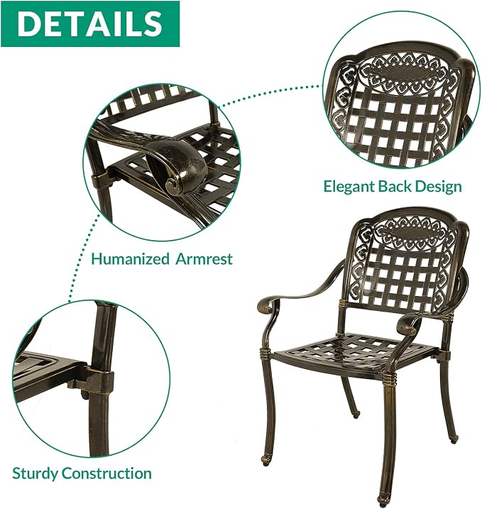 VIVIJASON 5-Piece Patio Furniture Dining Set, All-Weather Cast Aluminum Outdoor Conversation Set, Include 4 Chairs and 1 Round Table w/Umbrella Hole for Balcony, Lawn, Garden, Backyard