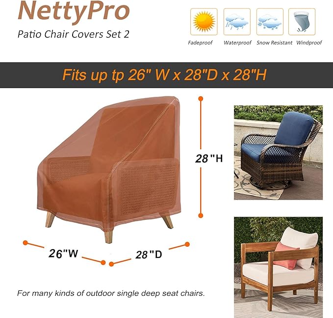 NettyPro Patio Chair Covers Waterproof for Outdoor Furniture 2 Pack, Lawn Lounge Deep Seat Dining Chair Covers Small, 28W x 30D x 28H inches, Brown