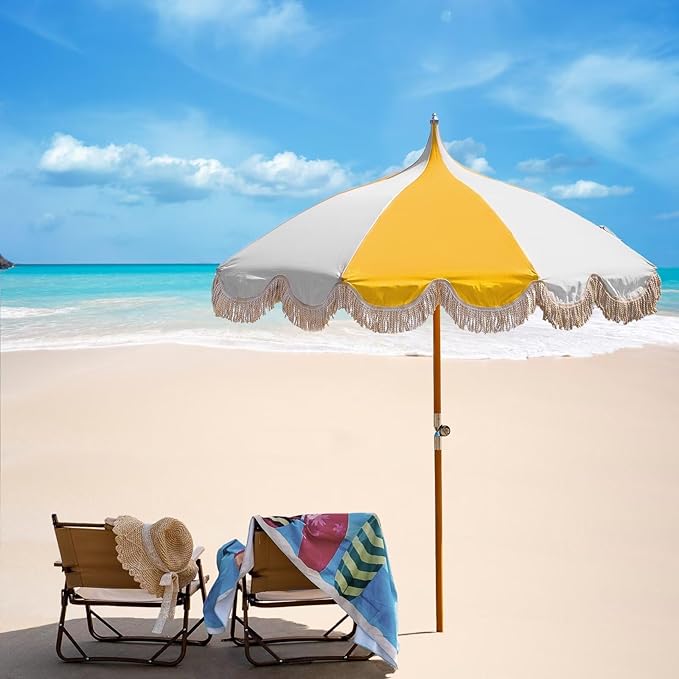 6.5ft Pagoda Beach Umbrella with Fringe, UPF 50+ Boho Umbrellas with Carry Bag, Premium Wood Pole Foldable Tassel Umbrella for Outdoor Garden Lawn Pool Yard Table