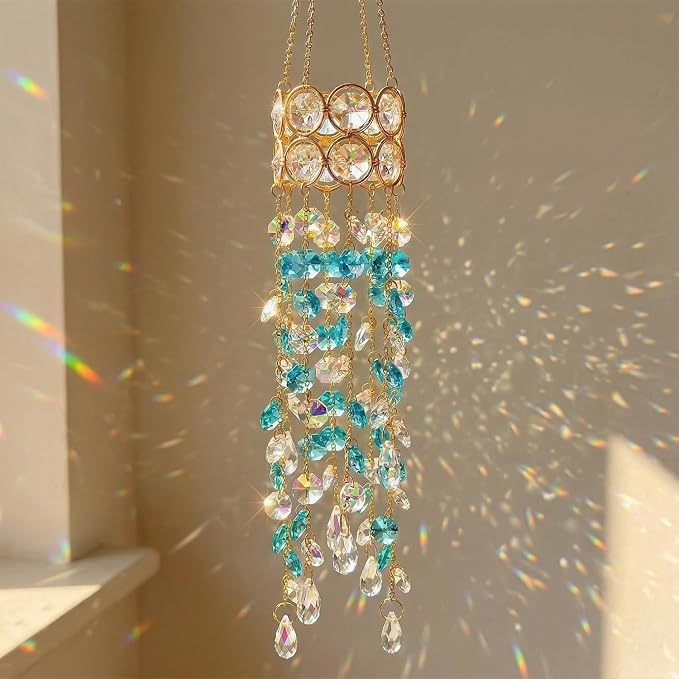 Crystal Suncatchers for Window Hanging Decor, Prism Rainbow Maker with Chain & Hook, Ornament for Ceiling, Garden, Home, Indoor & Outdoor Decoration, Blue